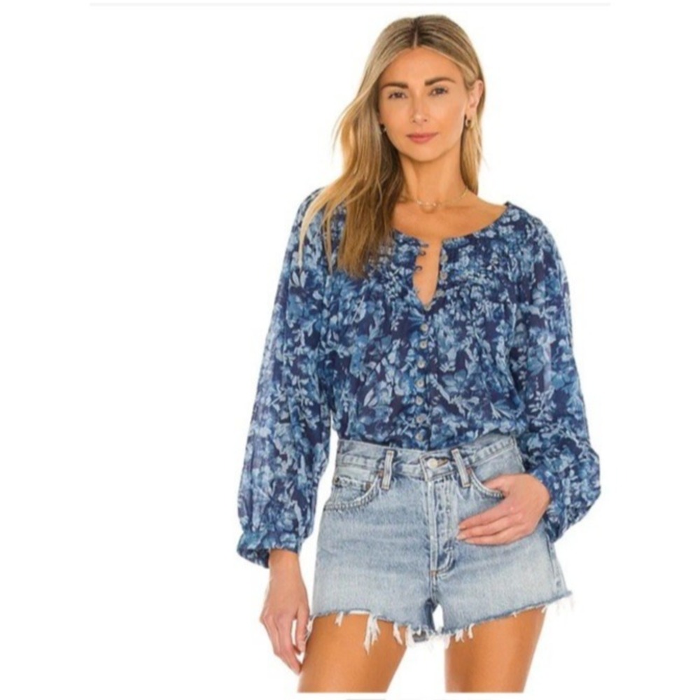 We the Free People Cool Meadow Blue Floral Top Oversized Peasant Boho, Size Smal